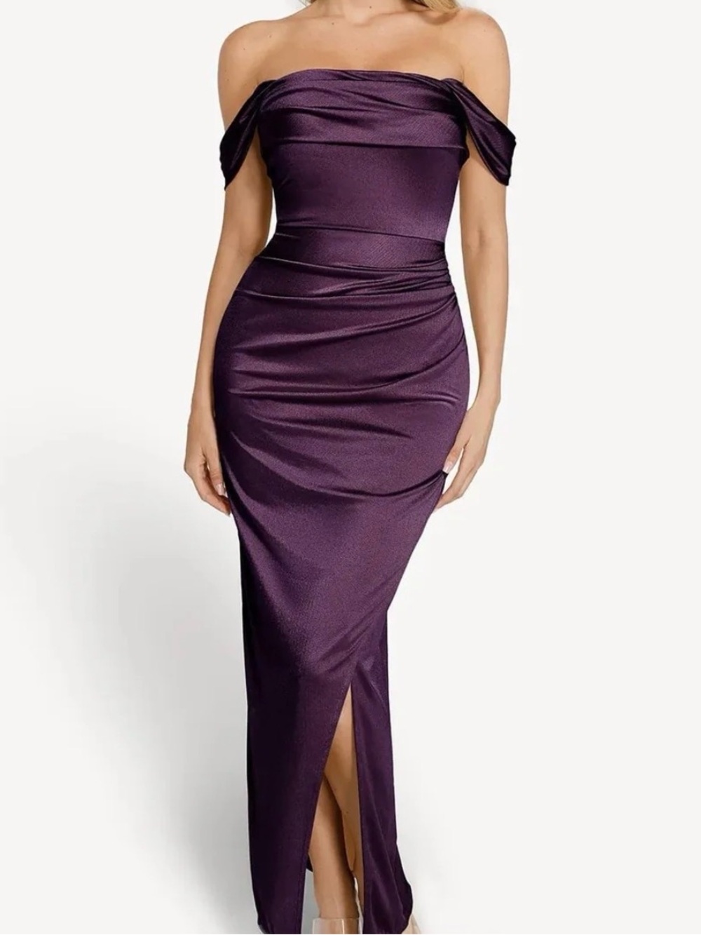 Birdy Grey Strapless Satin Gown in Deep Purple